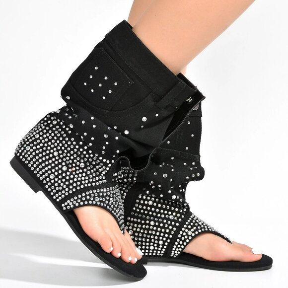 NEW๐ฅ Rhinestone Embellished Slouchy Jean Sandals Mid-Calf Boots Thong Open Toe - Picture 3 of 6